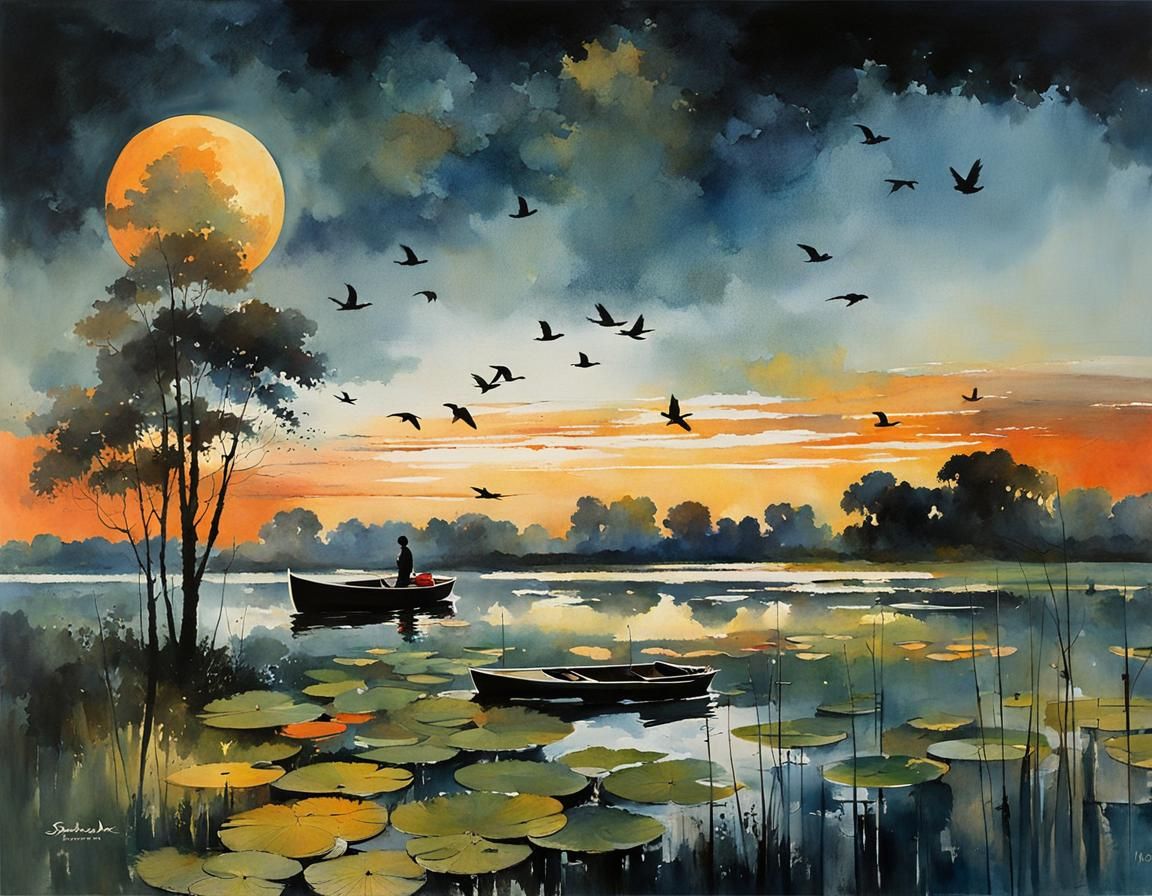Sunset Lake Scene in Watercolor Style
