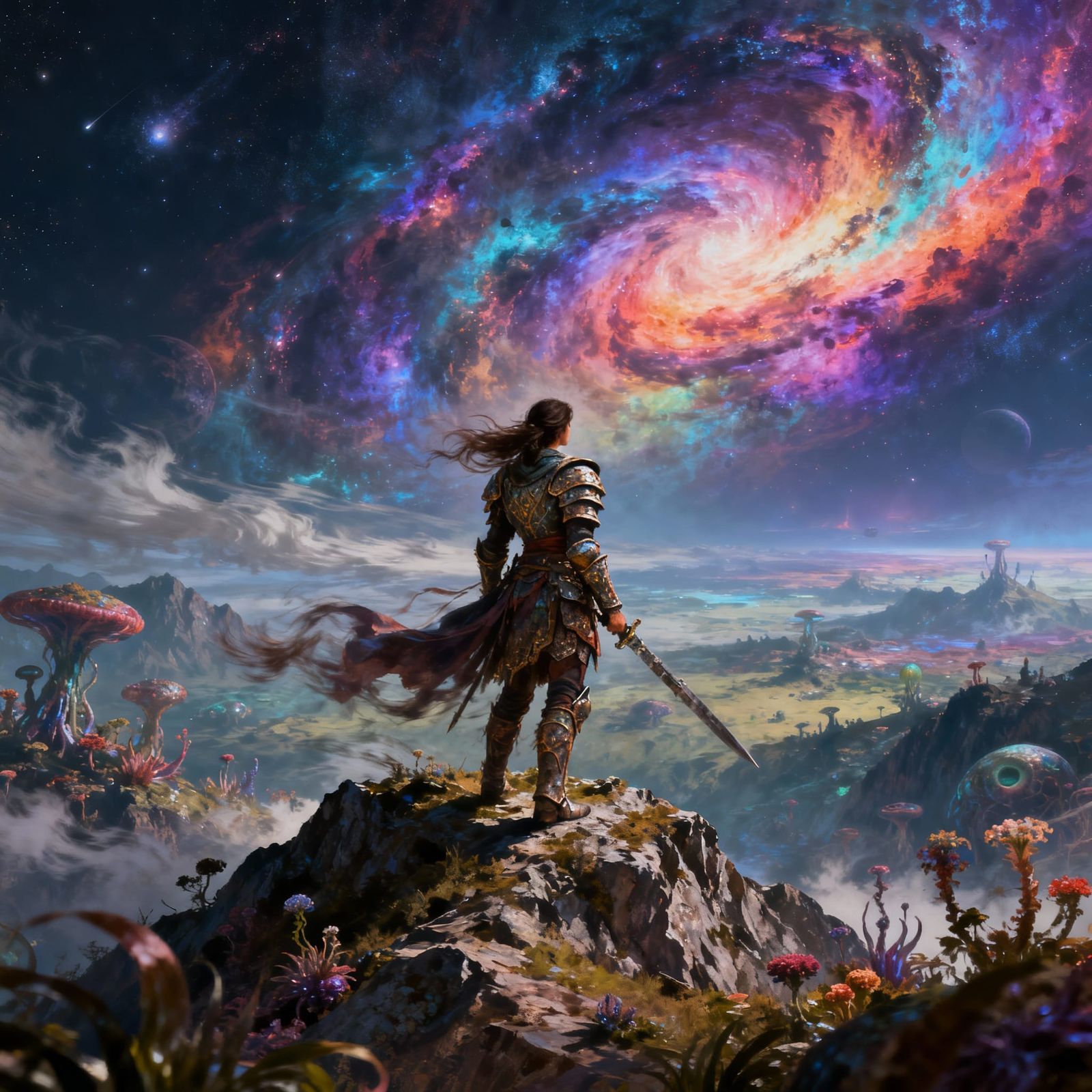 A lone warrior lady, clad in ornate, battle-worn armor, stands on a windswept mountain peak, gazing at a vast, alien lan...