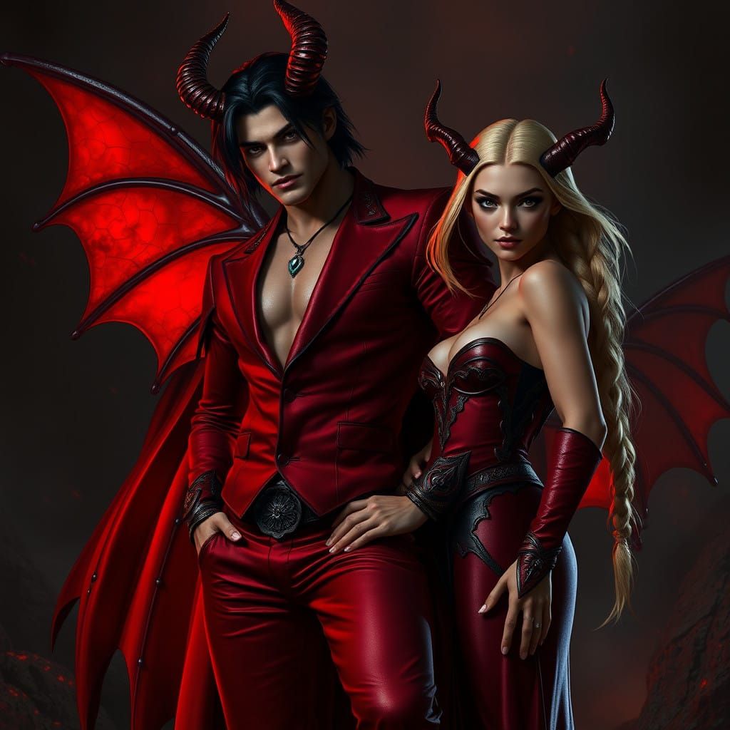 Chiseled Demon Hero with Fiery Attire and Angelic Companion