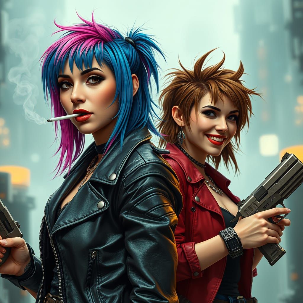 Punk Women in Dystopian Future, Cyberpunk Sci-Fi Art