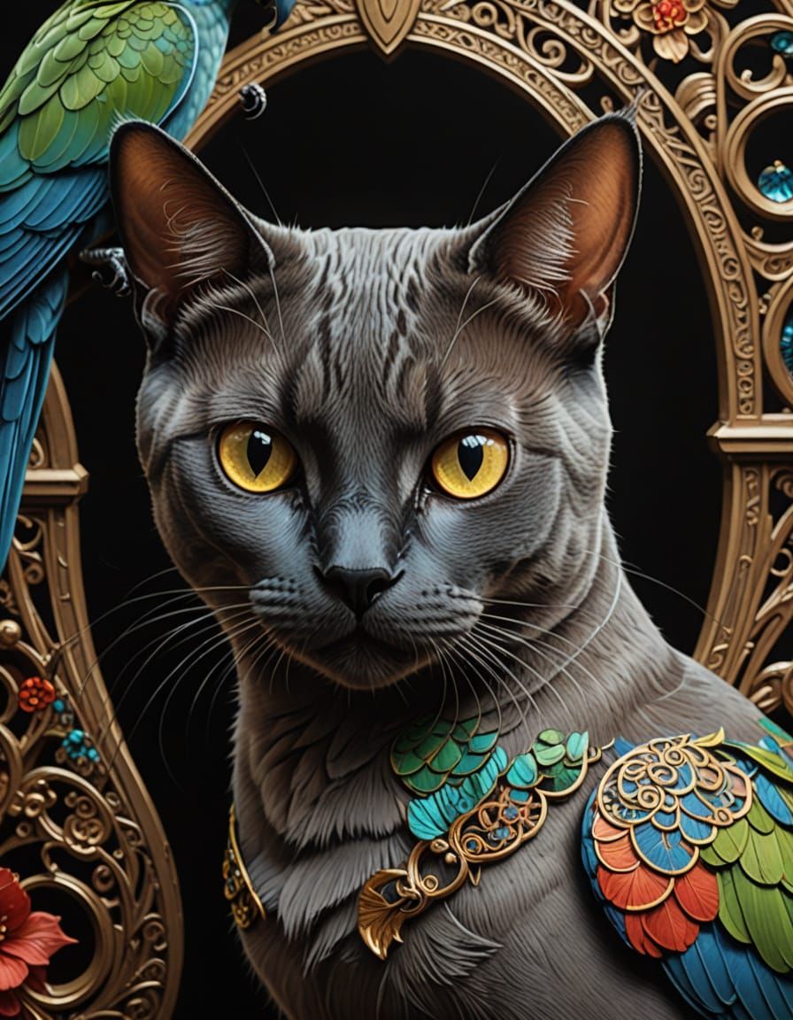 Exquisite Digital Portrait of a Burmese Cat and Parrot
