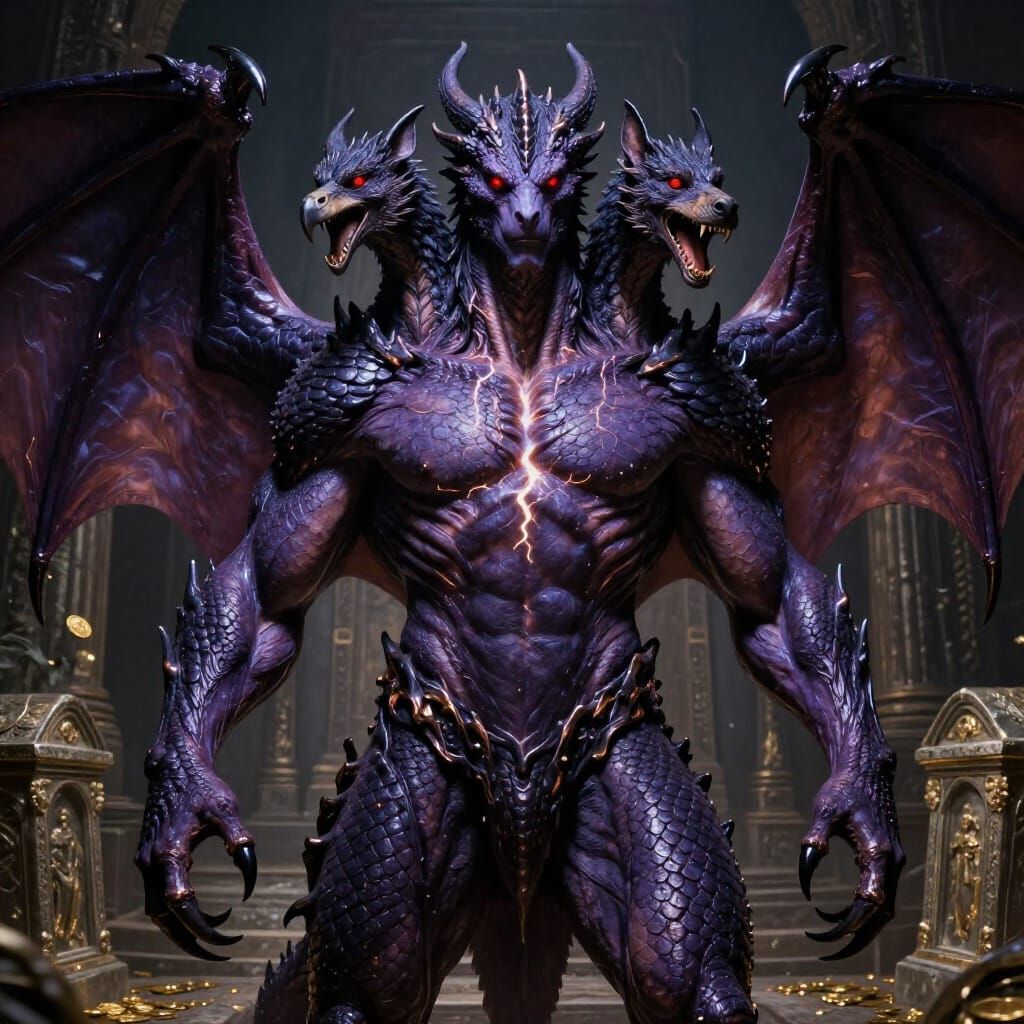 Tri-Headed Dragonic Humanoid with Lightning Skin
