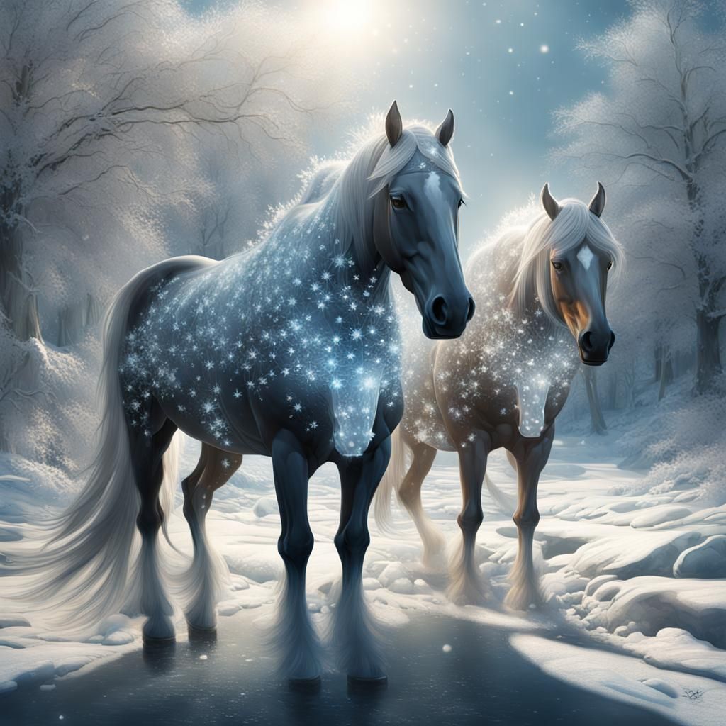 Ice Crystal Horses in Sunlight: Digital Matte Painting