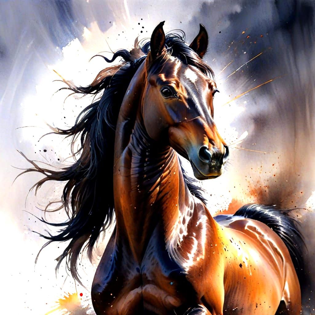 Majestic Brown Horse Rearing in Watercolour Style