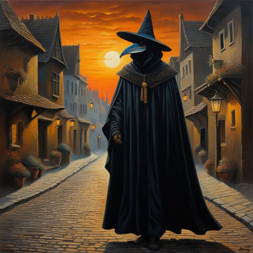 Plague Doctor Wandering Medieval Town: Oil Painting