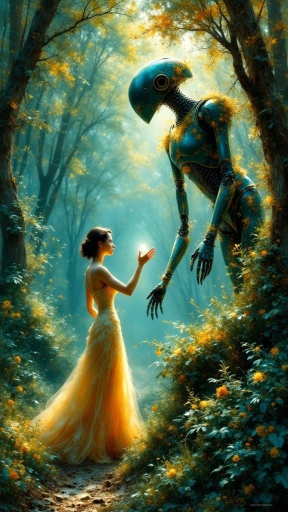 Elegant Woman and Robot in Hyperrealist Fairytale