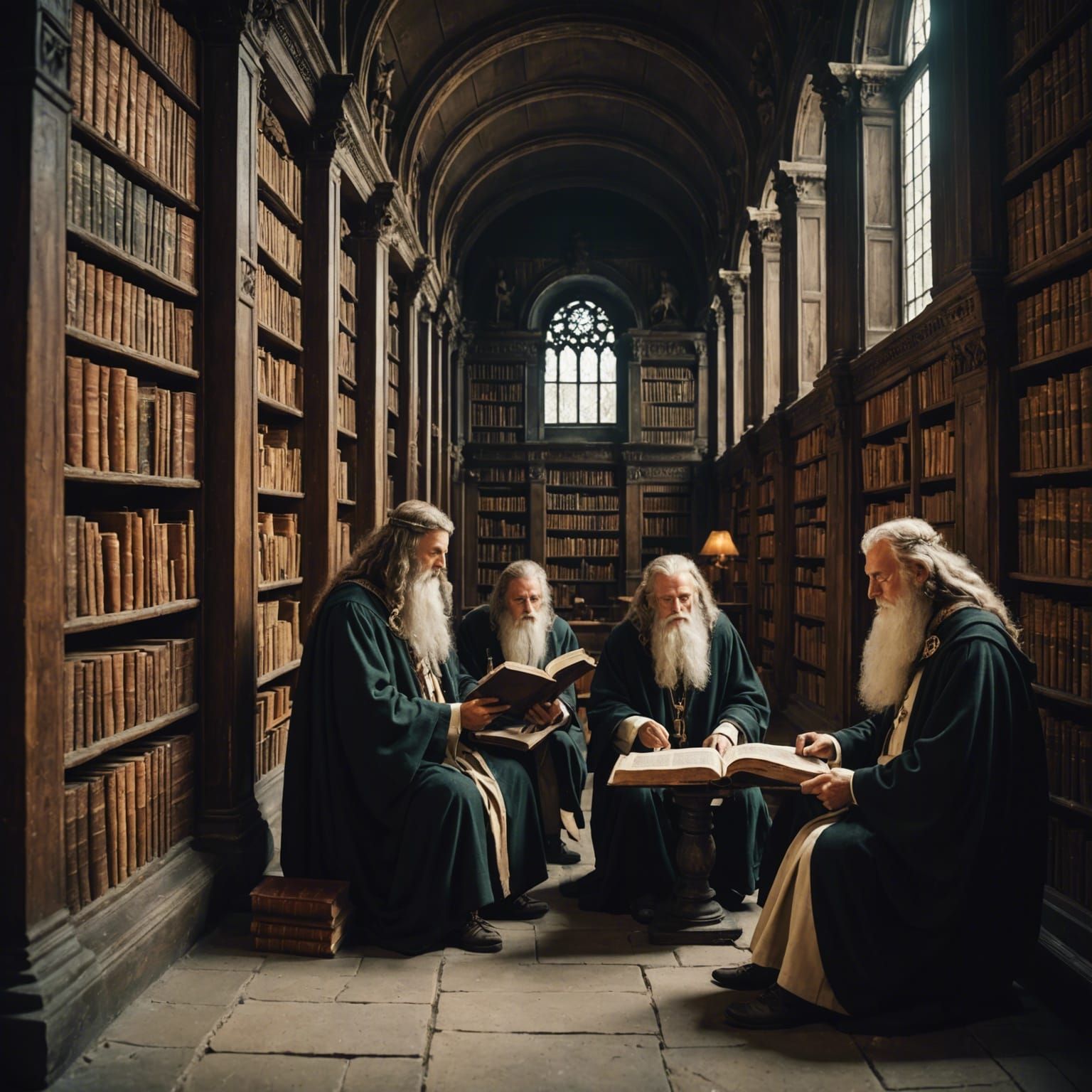 Druids Reading Ancient Books in Old Library