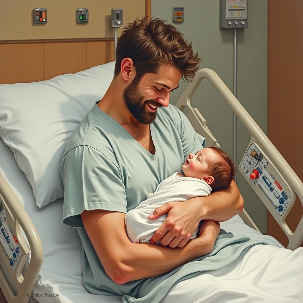 Tender Moment: Father and Newborn Baby in Hospital