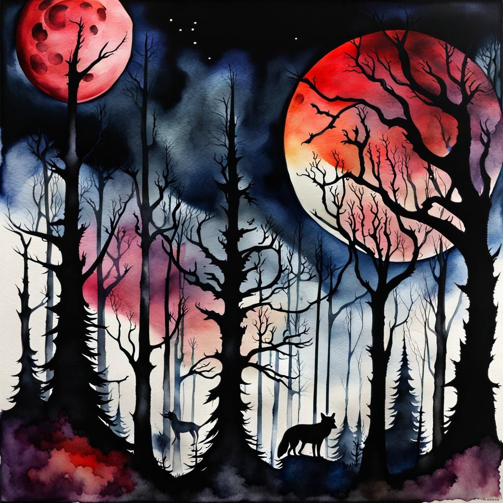 Sinister Gothic Landscape with Blood Moon