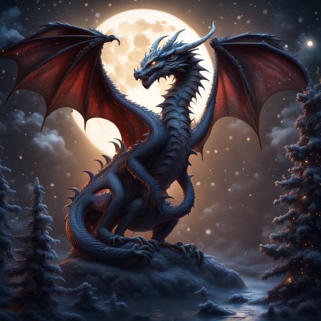 Hyperrealistic Christmas Dragon Under Full Moon