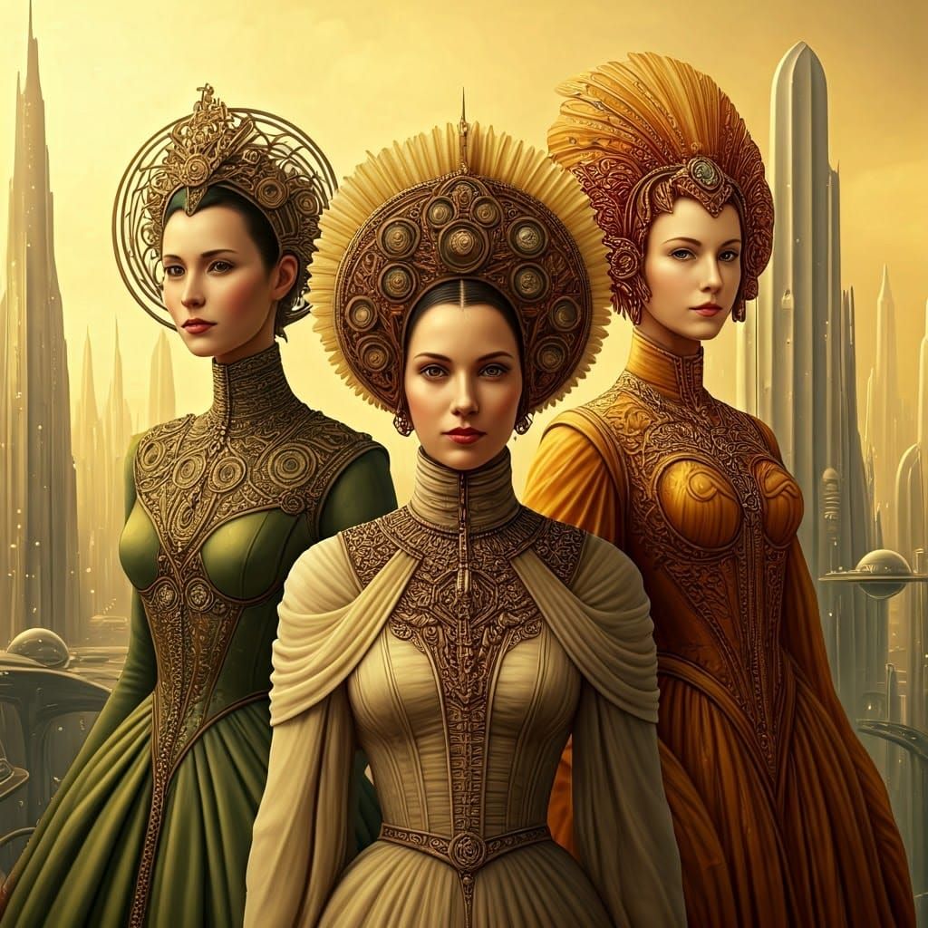 Ladies of Futuristic Elegance in Retro-Futuristic Metropolis