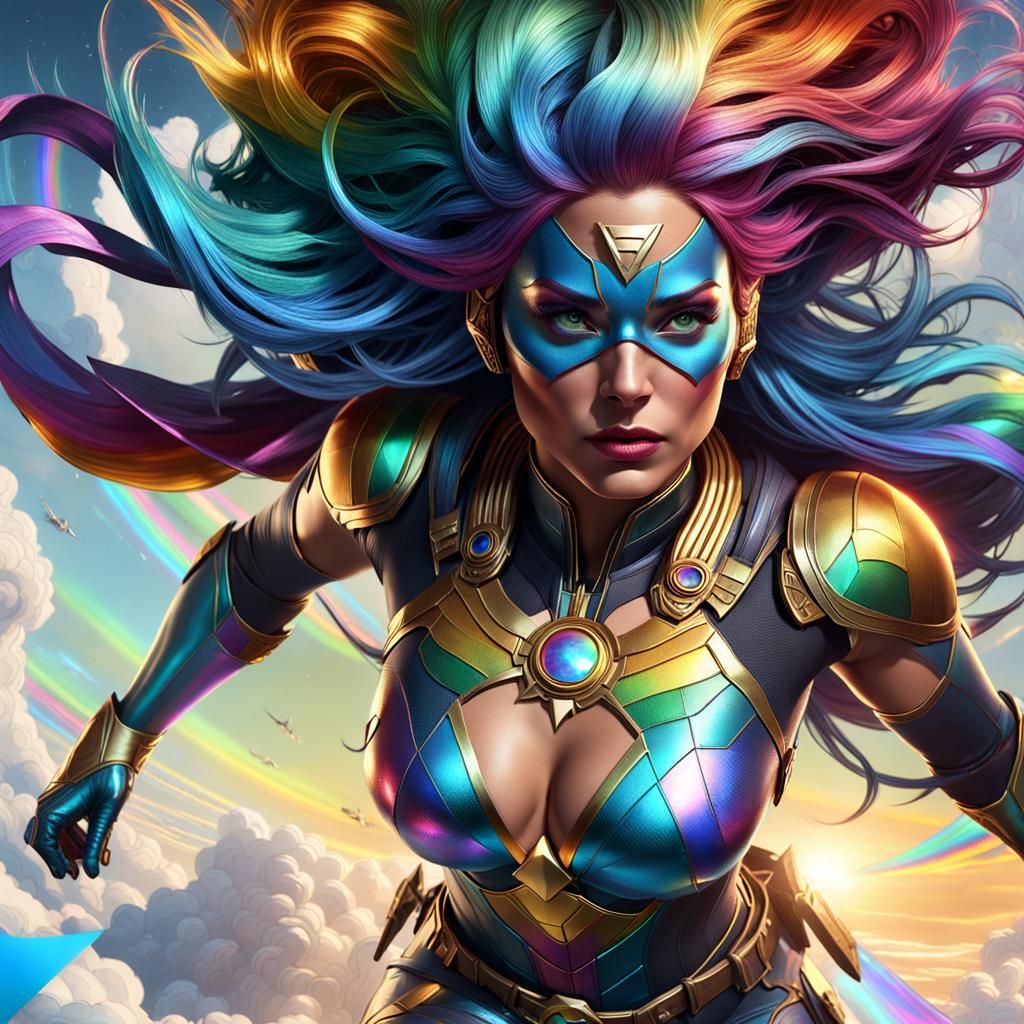 Rainbow Haired Superheroine Flies in Dark Fantasy Style