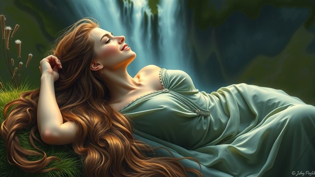 Ethereal Irishwoman in a Dreamlike Waterfall Scene