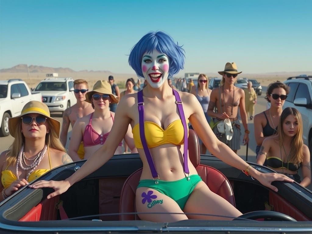 Clown Girl in Desert Traffic Jam to Burning Man