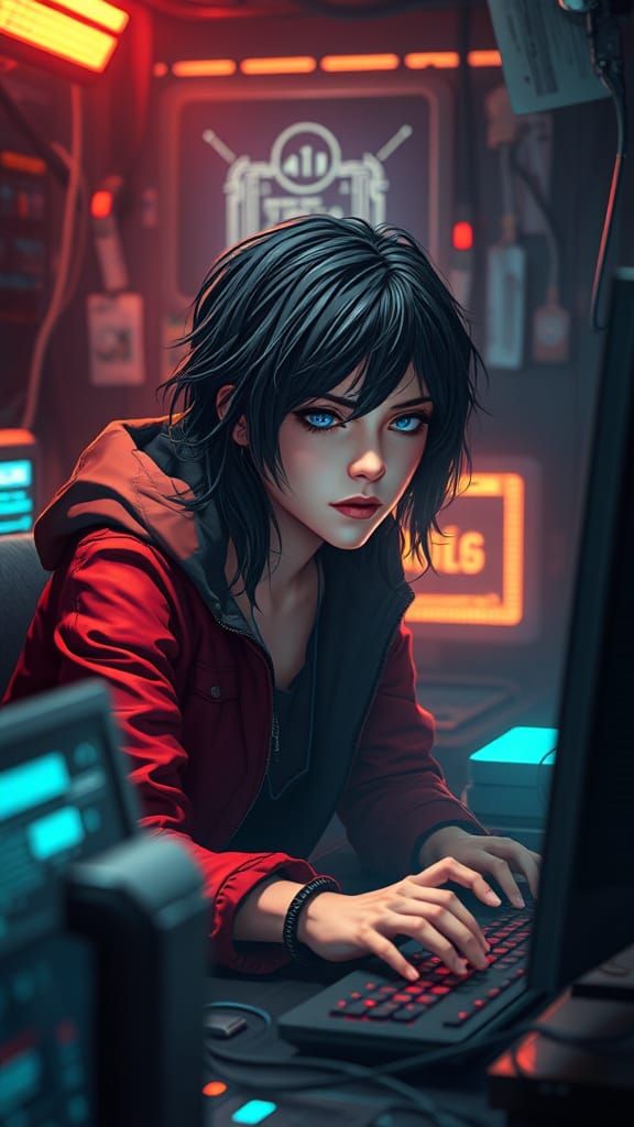 Cyberpunk Hacker in High-Tech Hideout