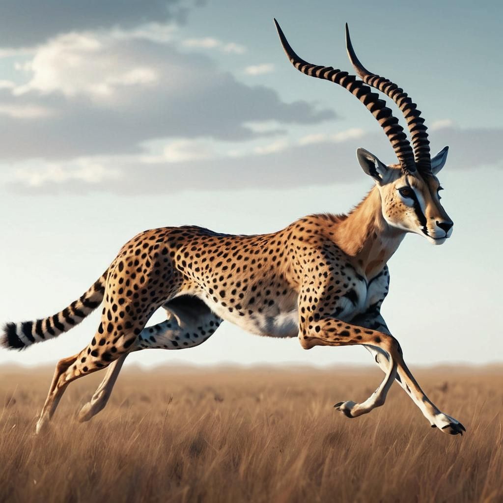 A hybrid animal combining the features of a cheetah (spots, ...