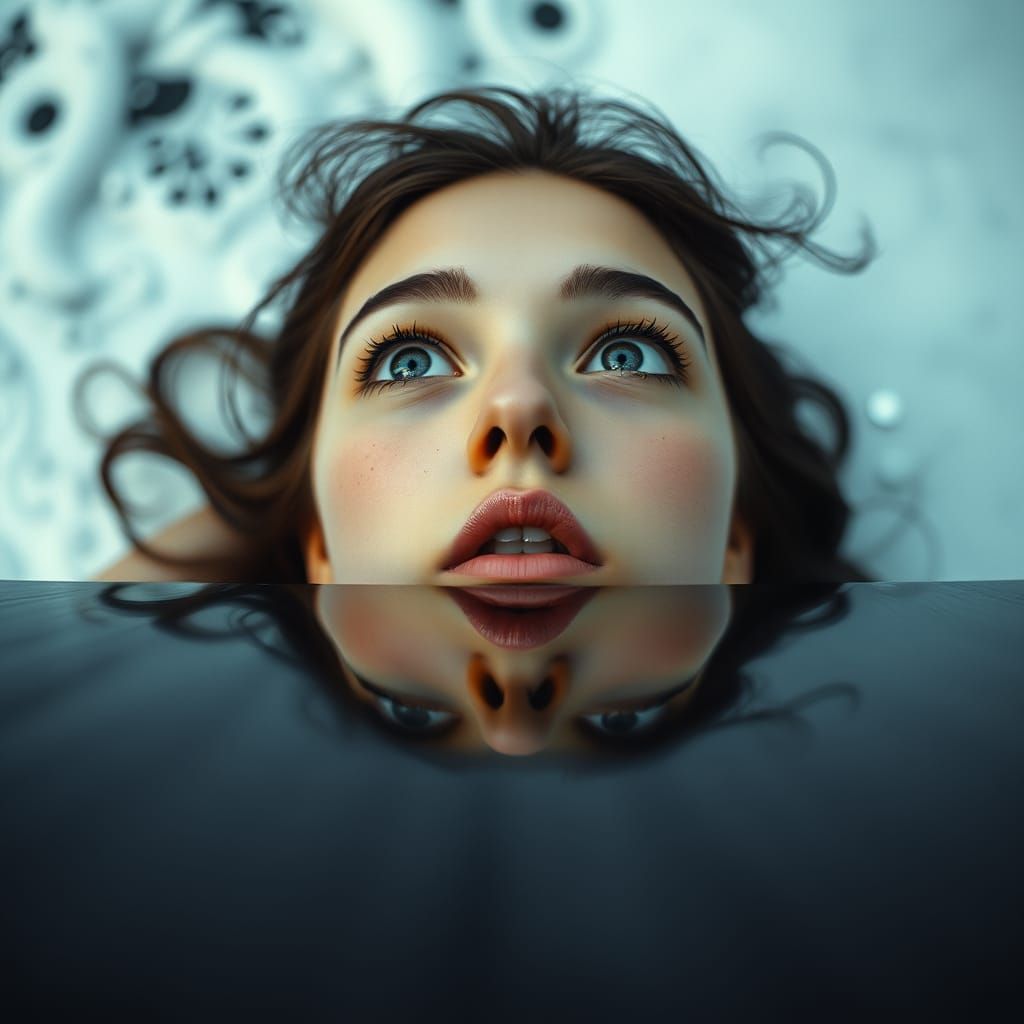 Top view A highly realistic analog-style photograph of a young woman Wow effect,realustic reflection.