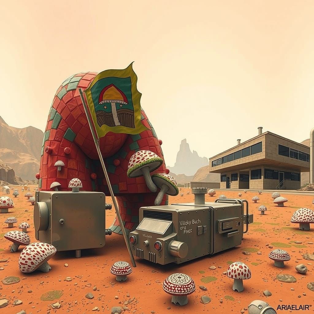 Surreal Modernist Cabin Under Giant Mushroom Flags in a Whim...