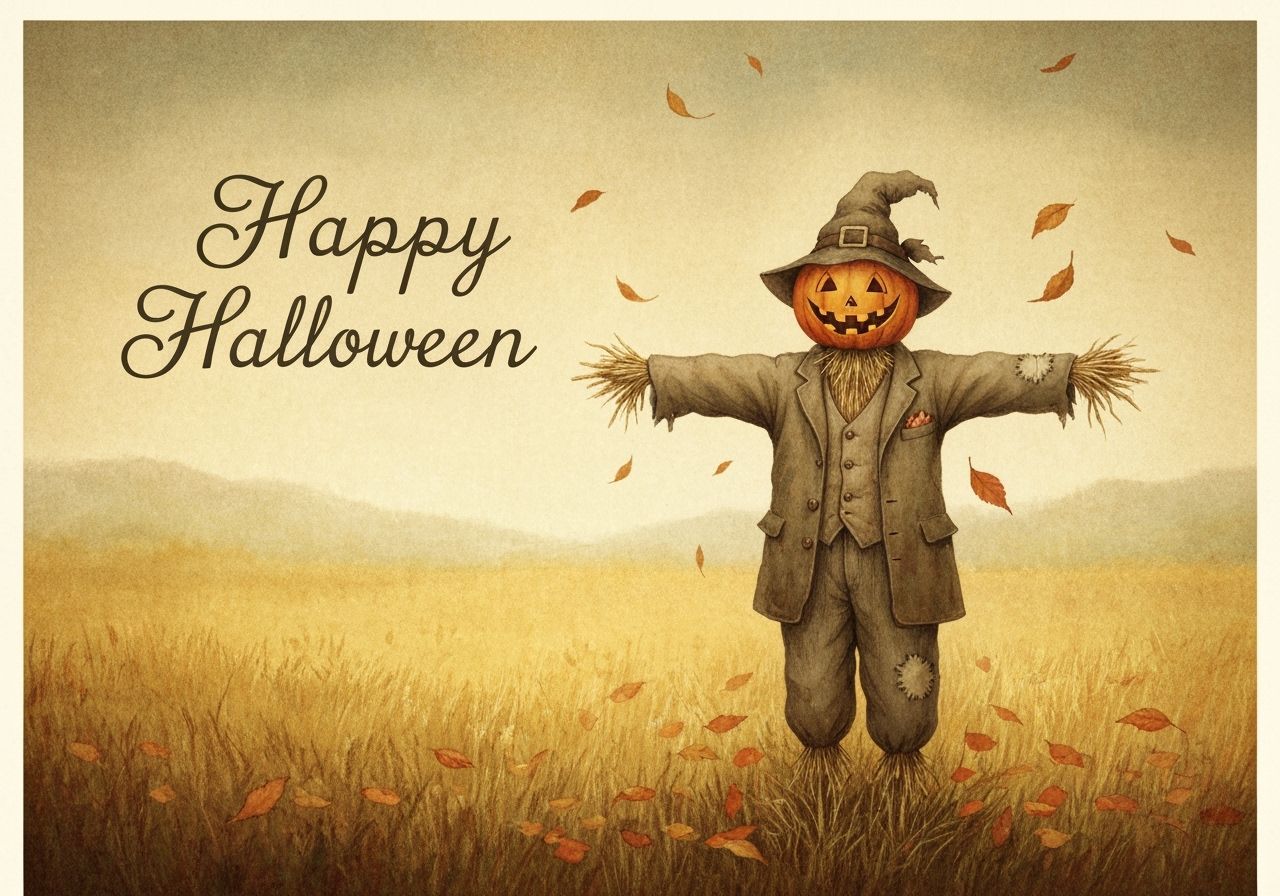 Jack-o'-Lantern Scarecrow in Golden Field - Vintage Postcard...