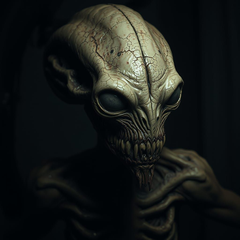 Grotesque Eyeless Alien Whispering Secrets in Dark Chamber