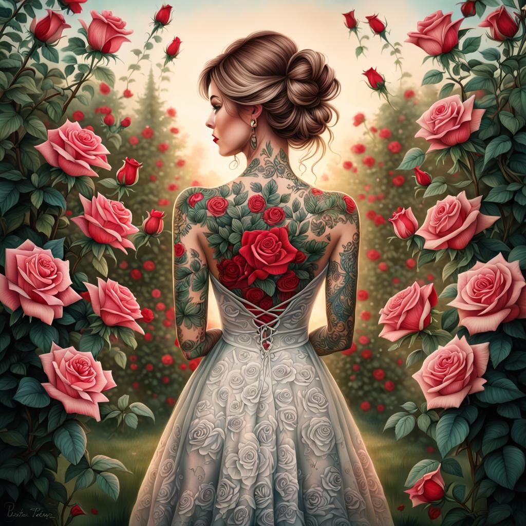 A beautiful woman stands in front of the rose bush, her back...
