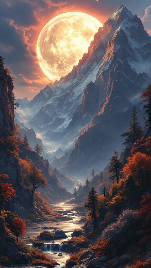 Mystical Moonlit Mountain Landscape in Fantasy Art Style