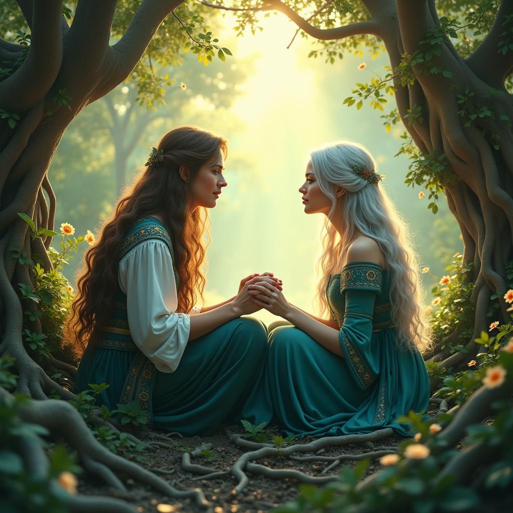 Contemplative Figures in Mystical Forest, Fantasy Concept Ar...