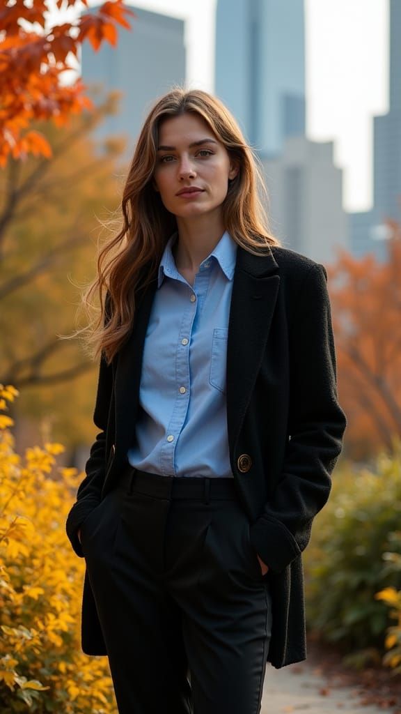 Stylish Woman in Autumn Garden: Cinematic Fashion