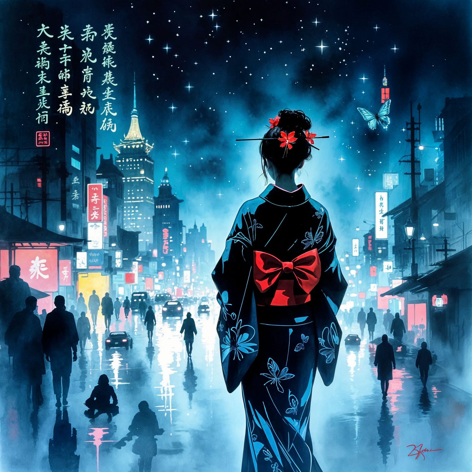Glowing Night City Scene with Kimono Woman