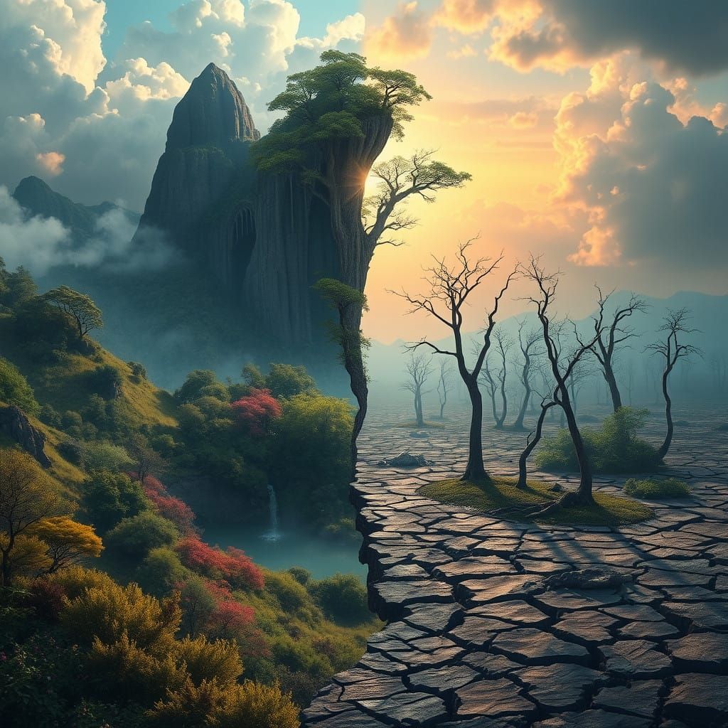 Divided Realms: A Mesmerizing Landscape of Life and Desolati...