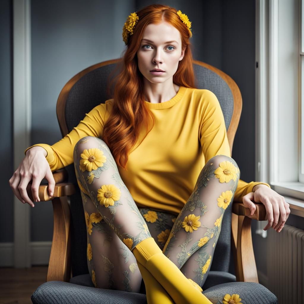 Ginger Haired Woman in Floral Tights: Fashion Photo