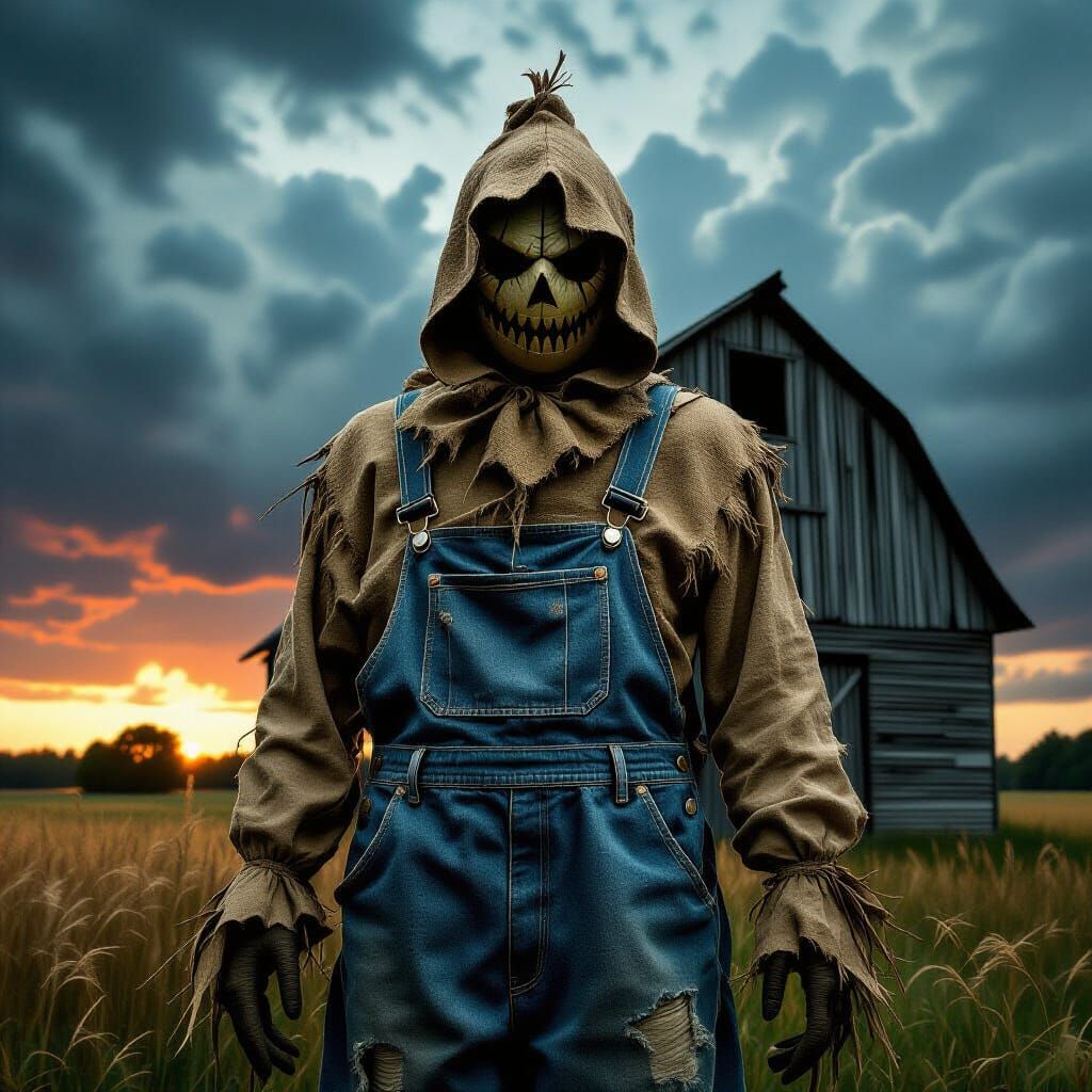 Menacing Scarecrow in Gothic Style Against Stormy Sky