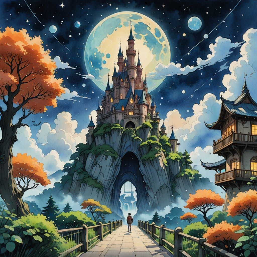 Fantastic Amusement Park in Ghibli-Inspired Watercolor Style
