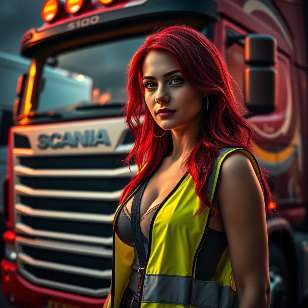 Woman Truck Driver Portrait in Realistic Style