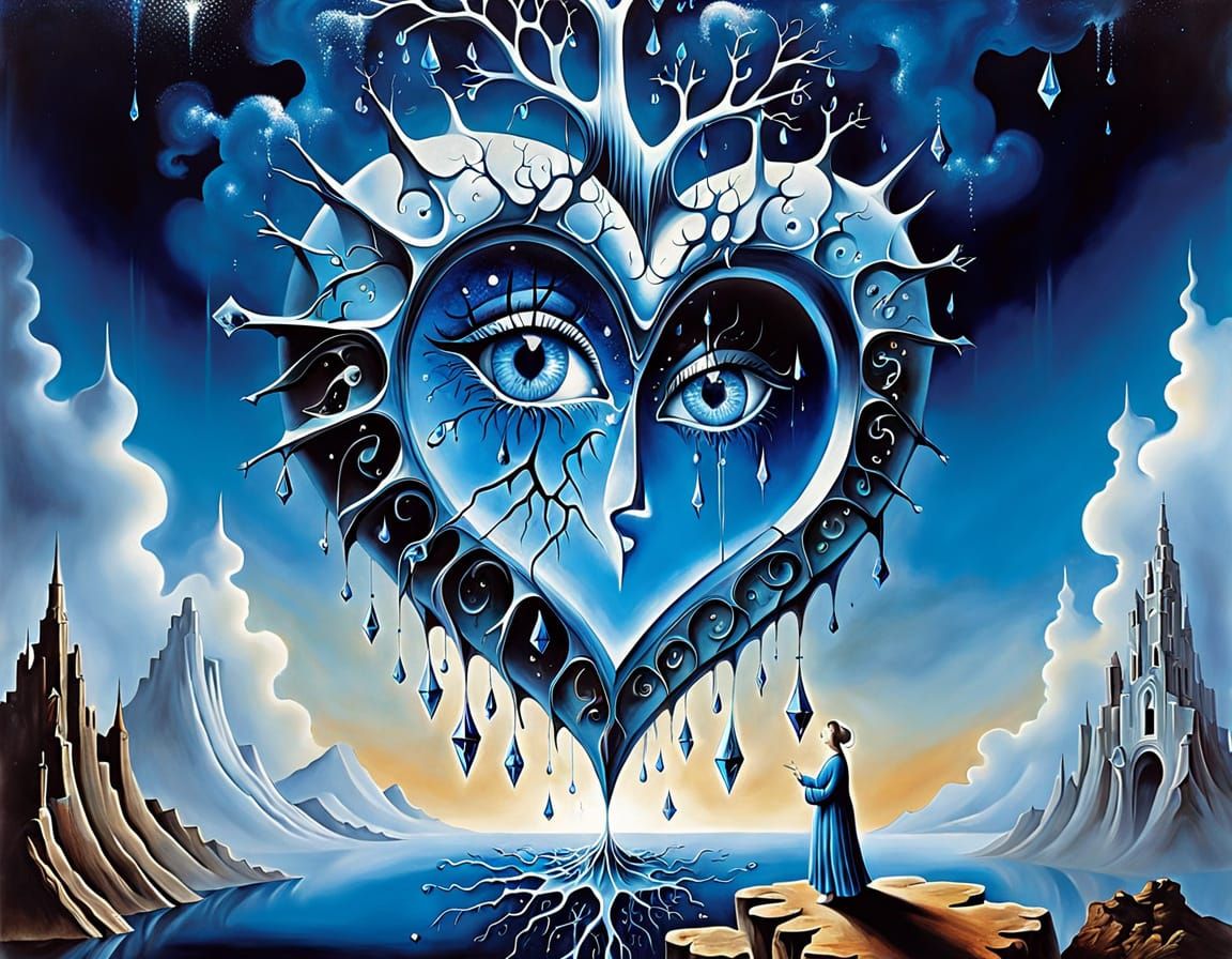 Surreal Blue Heart Bleeds Tears on Celestial Landscape