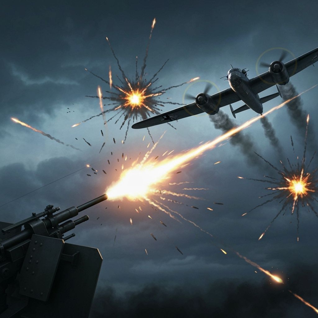 Anti-Aircraft Gun Fires at Bomber in Stormy Sky