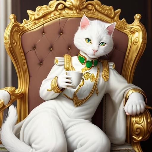 White Cat Prince Drinking Coffee on Golden Chair