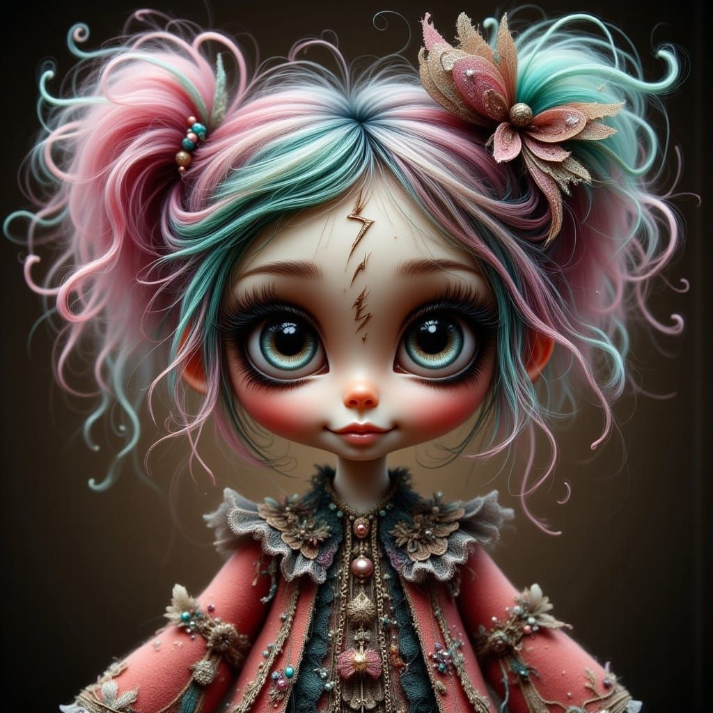 Cute Gothic Voodoo Doll with Pink Hair and Skull Scar