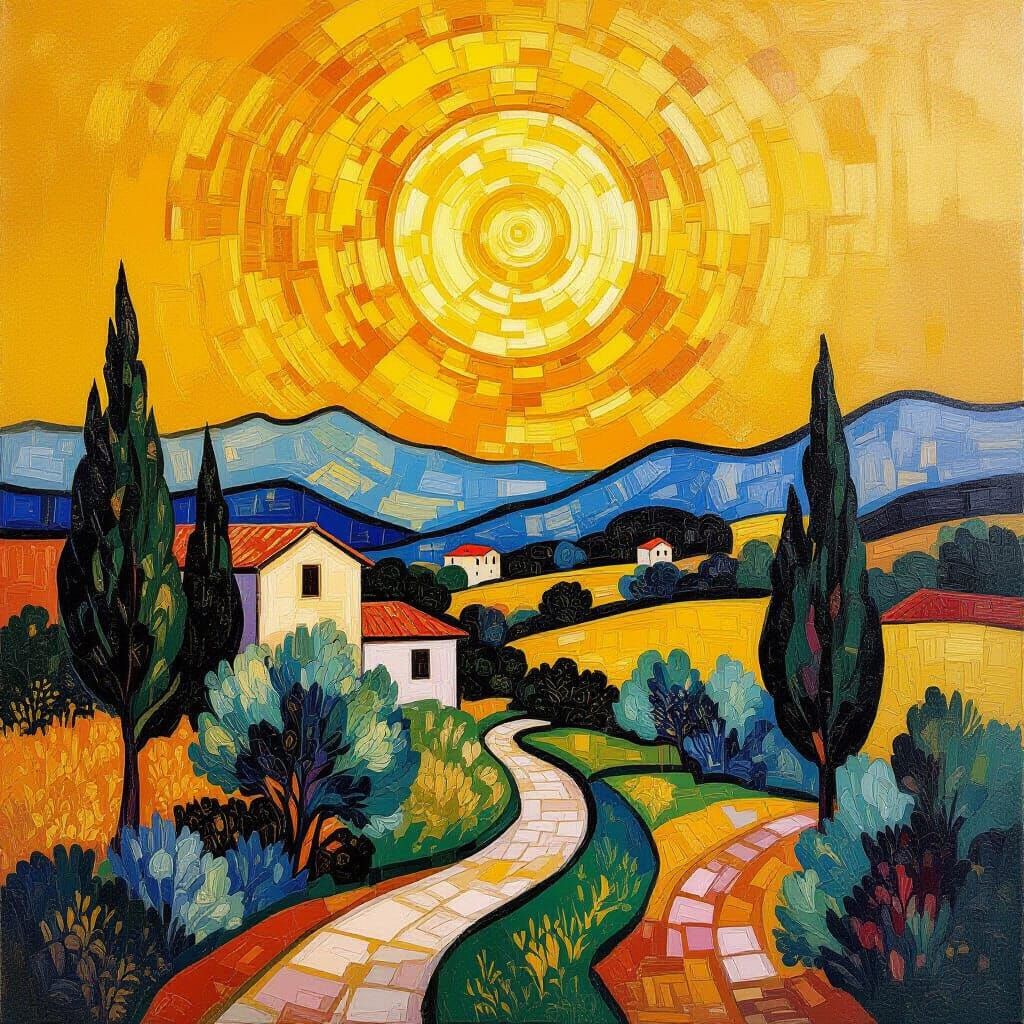 Radiant Yellow Abstract Landscape in Cézanne and Klimt Style...