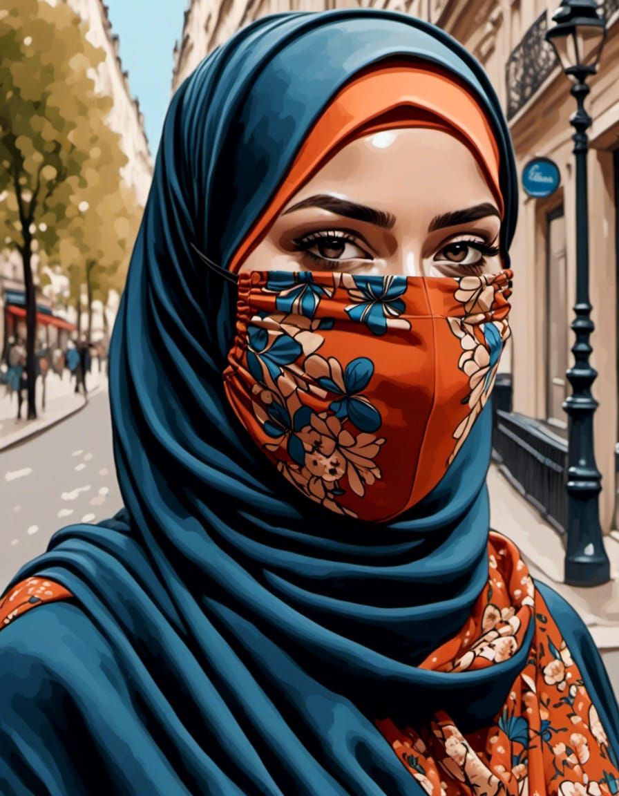 Beautiful Finnish Woman in Hijab and Mask, Oil Painting