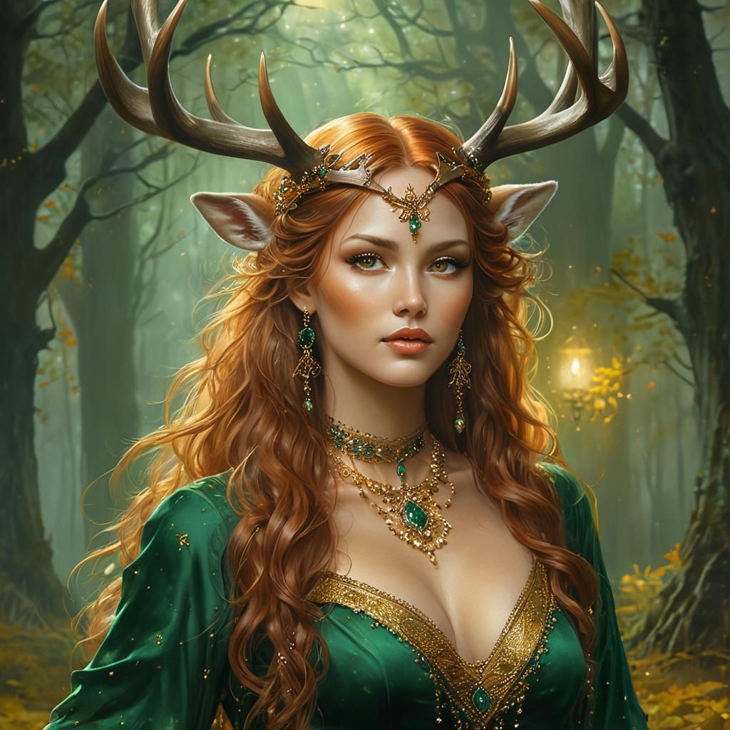 Bronze Woman with Antlers in Moonlit Glade as Oil Painting