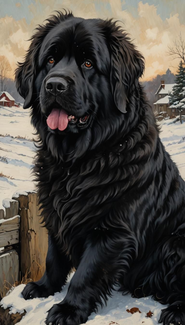 Newfoundland Dog in Snowy Scene: Rockwell-esque Oil Painting