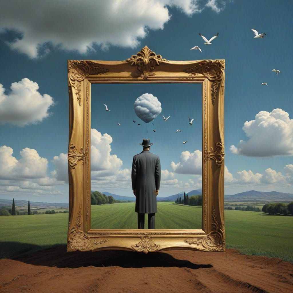 Magritte-Inspired Surrealist Painter in Dreamscape