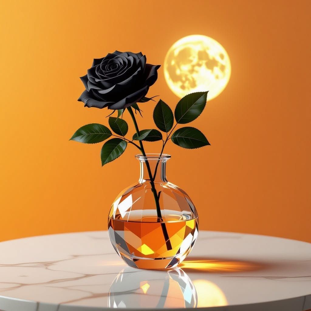 Crystal Vase with Black Rose on Marble Table