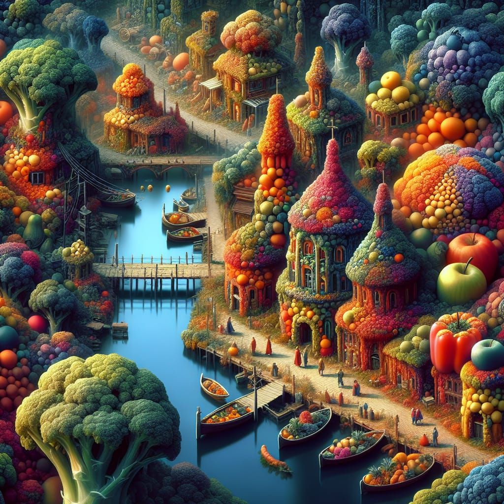 Kaleidoscopic Vegetable Village with Fruit People