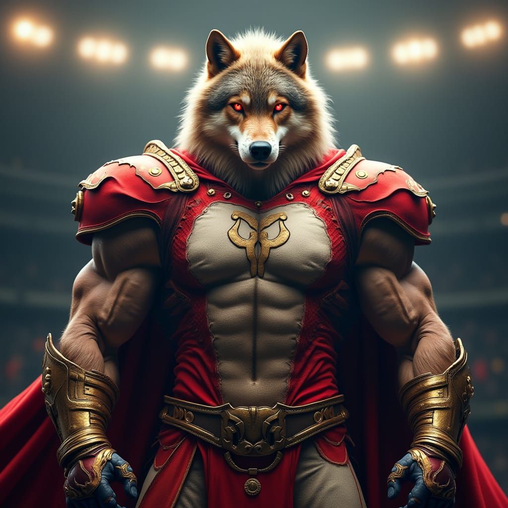 Muscular Wolf in Regal Football Uniform with Red Glowing Eye...