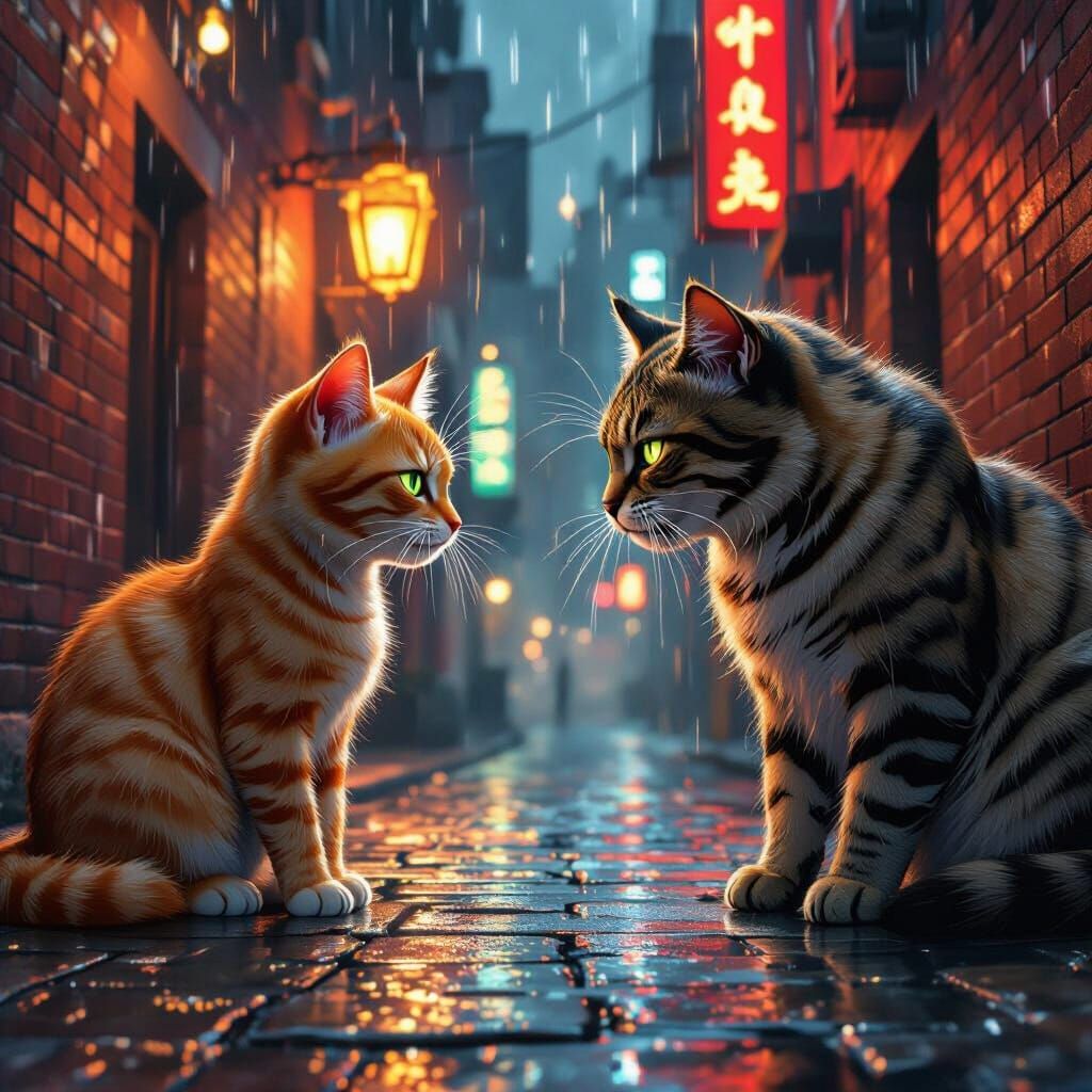 Cats Face Off in Rainy Alley: Gritty Realism