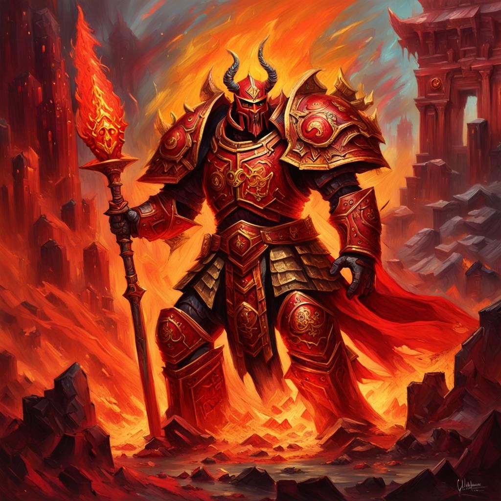 Crimson Warrior Amidst Burning Temple: Impasto Oil Painting