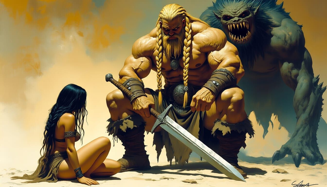 Barbarian Hero Defends Woman From Approaching Monster