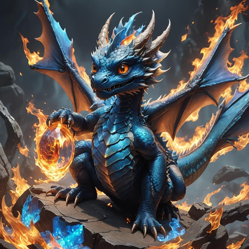 Blue Dragon with Fire Stone: 3D Anime Art